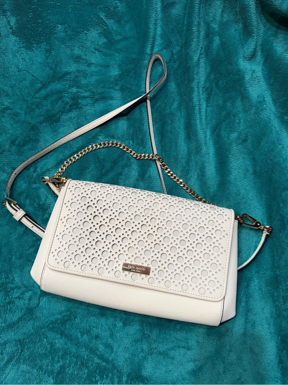 kate spade White Perforated Leather Crossbody with Gold Chain